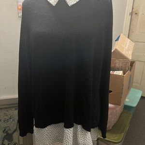 Adrianna Papell Black Long Sleeve Sweater with Black and White Polka Dot